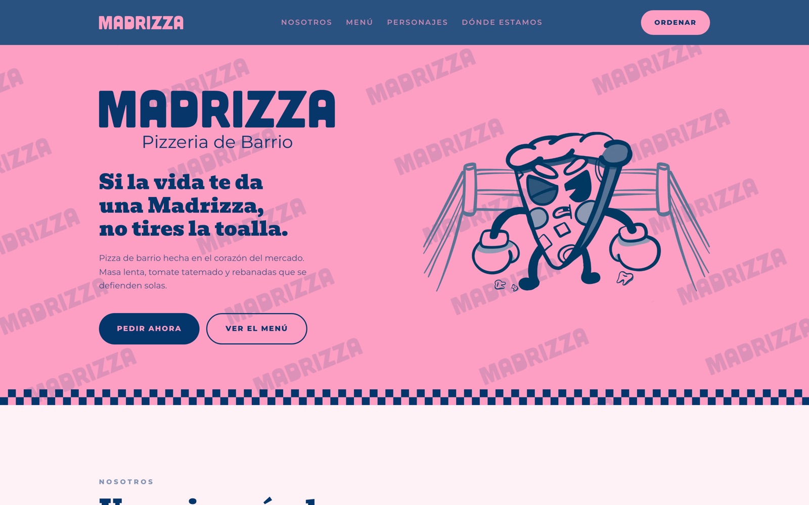 La portada de Madrizza: rosa mexicano, azul y el personaje de la marca